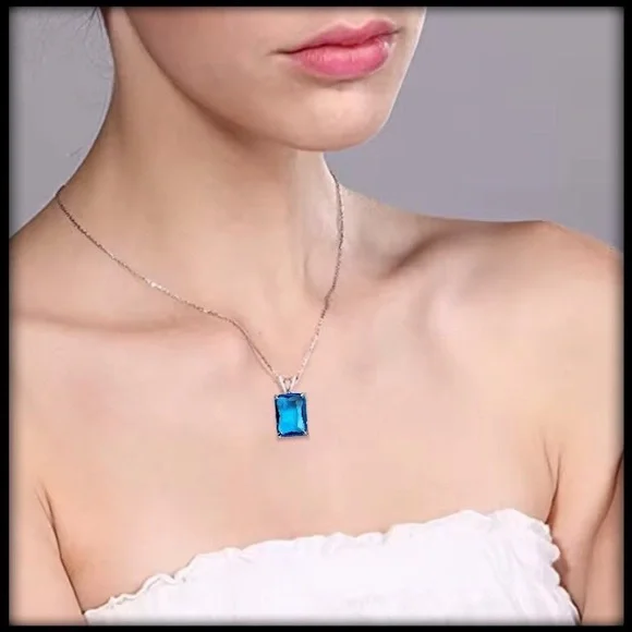 Natural Blue Topaz Clear White Topaz Pendant Necklace 925 Silver - Picture 3 of 4